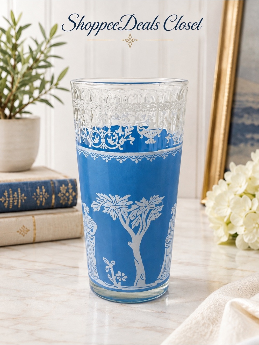 Vintage Jeannette Glass Hellenic Blue Flat Tumbler White Greek Roman Figures